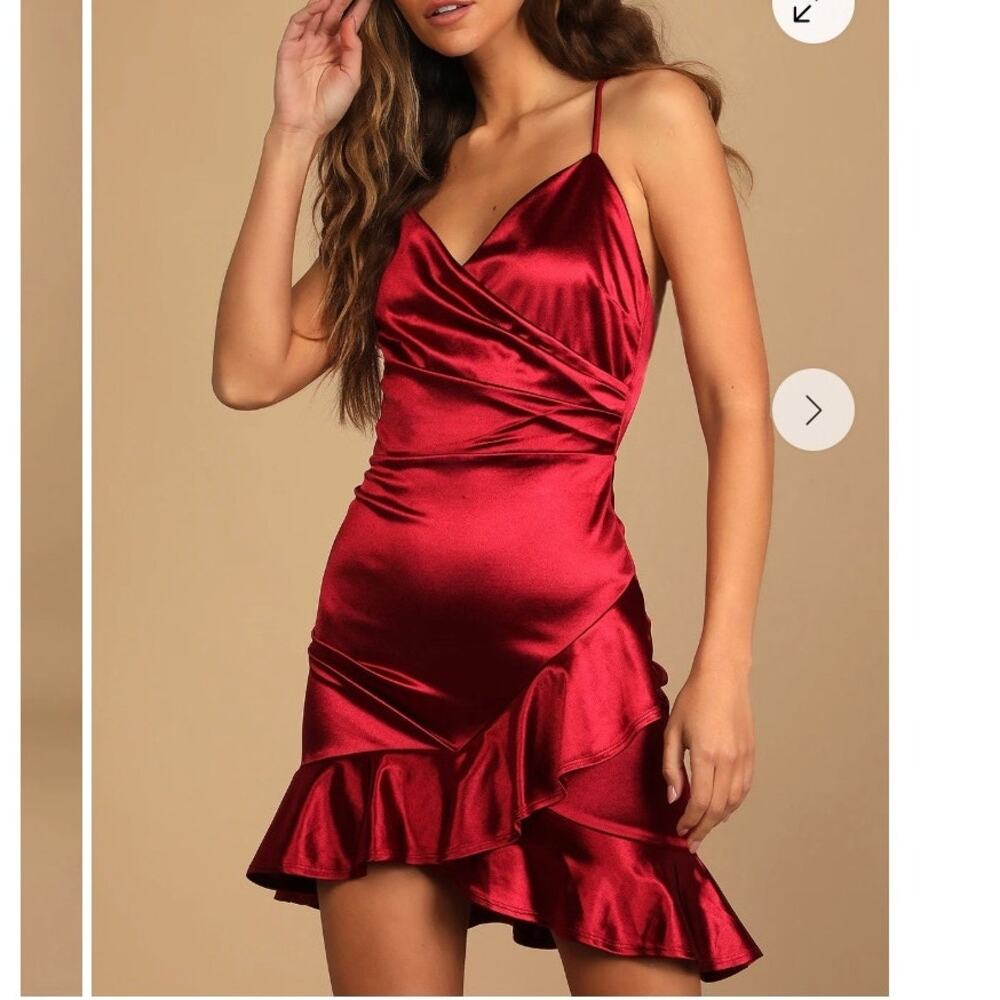 Lulus Romantic Nights Burgundy Satin Ruffled Bodycon Mini Dress Women's Small